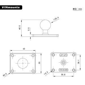 VINmounts support tête sphérique 1 pouce, base carrée38×50.8mm avec trous pour montage dispositif aluminium VIN-B-026 - Product Image 2