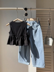 Set Pakaian Grosir untuk Balita Perempuan, Atasan Rajut Polos Tanpa Lengan dengan Ruffle + Celana Jeans Berpita, Set Pakaian 2 Pcs - Product Image 3