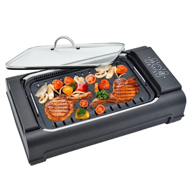 Smokeless grill ceramic coating griddle grill electric bbq grill pizza maker with Tempered Glass Lid Adjustable Temperature