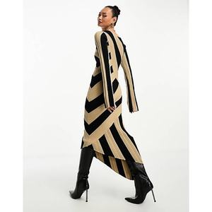 Nuevo Vestido Midi Asimétrico de Punto a Rayas Beige y Negro - Product Image 3