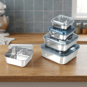 Recipientes Cuadrados Clásicos de Acero Inoxidable para Alimentos, con Tapa Desmontable de Acrílico Azul, Ecológicos, Capacidad de 350 ml, Acabado Brillante - Product Image 3