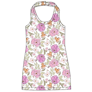 Vestito Estivo Casual per Bambine, Abito a Pezzo Unico con Cinturino al Collo, Motivo Tie-dye a Righe Floreali Turchesi, Senza Maniche, Corto - Product Image 2