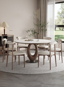 DT-010 Set Tavolo da Pranzo Allungabile Moderno di Lusso <span class=keywords><strong>in</strong></span> Legno Massello con Base <span class=keywords><strong>in</strong></span> <span class=keywords><strong>Noce</strong></span> e Piano Rotondo Estensibile Durevole - Product Image 4
