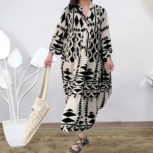 IStapromo Gifts Maxi <b>Dress</b> V-Neck Lantern Sleeve Geometric Print Loose Fit Summer Casual Woven Fabric Asymmetric Hem - Product Image 6