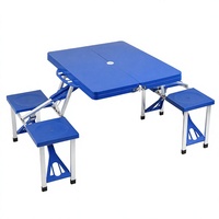 Ensemble de table de pique-nique pliable bleu royal, table d'extérieur portable en plastique avec 4 tabourets, trou pour parasol, mobilier de camping