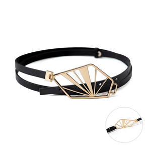 Cinturón de cuero para <span class=keywords><strong>mujer</strong></span> con hebilla de metal geométrica en forma de abanico Correa de cintura minimalista de moda para traje de vestir - Product Image 5