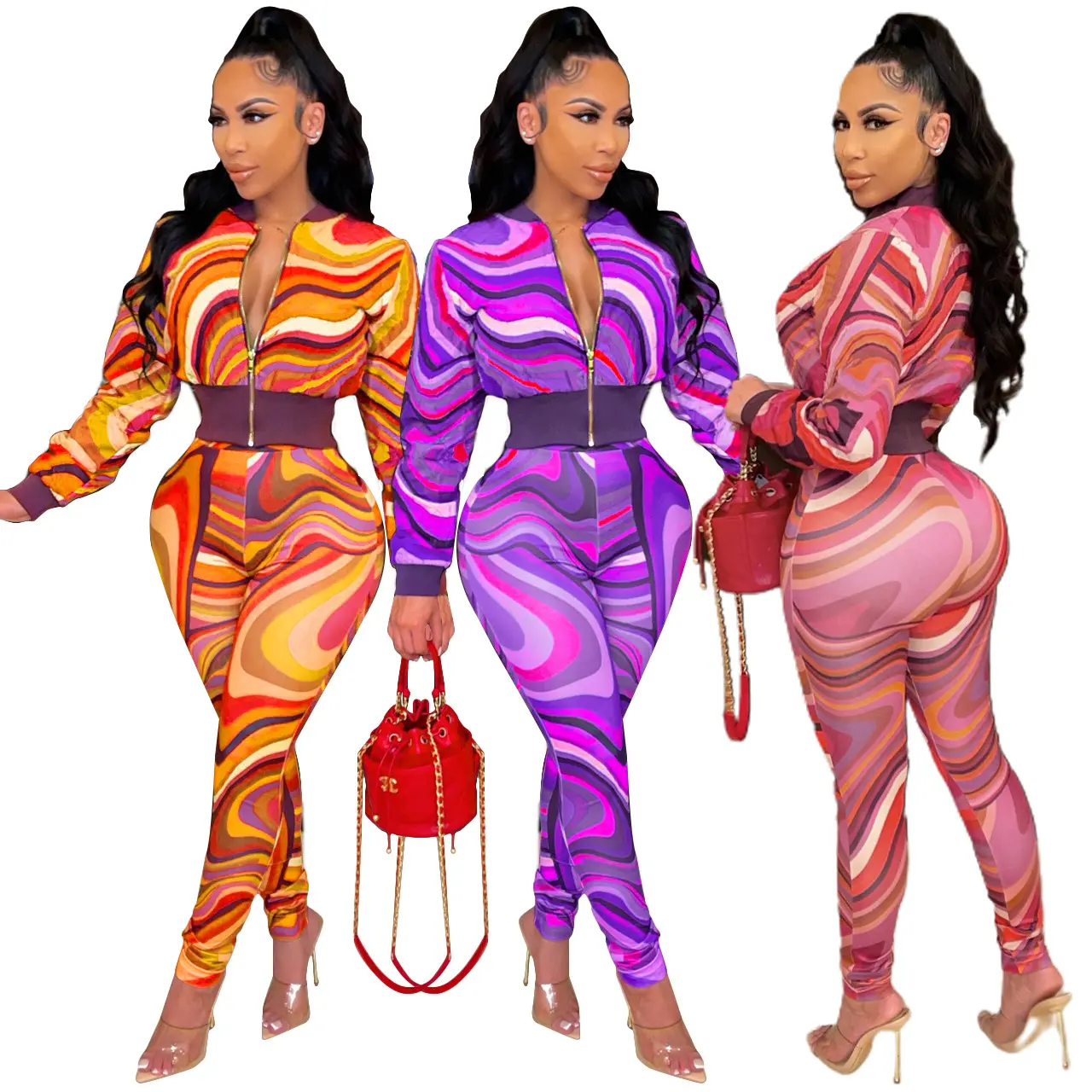 YY281 Women Fashion printed long sleeve Sexy Two Piece Set Printed Leggings and Jacket Jogging Suits