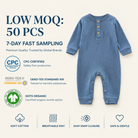 100% Katun Organik Bersertifikat GOTS Baju Bayi Lengan Panjang Polos dengan Kancing Tekan untuk Bayi Baru Lahir