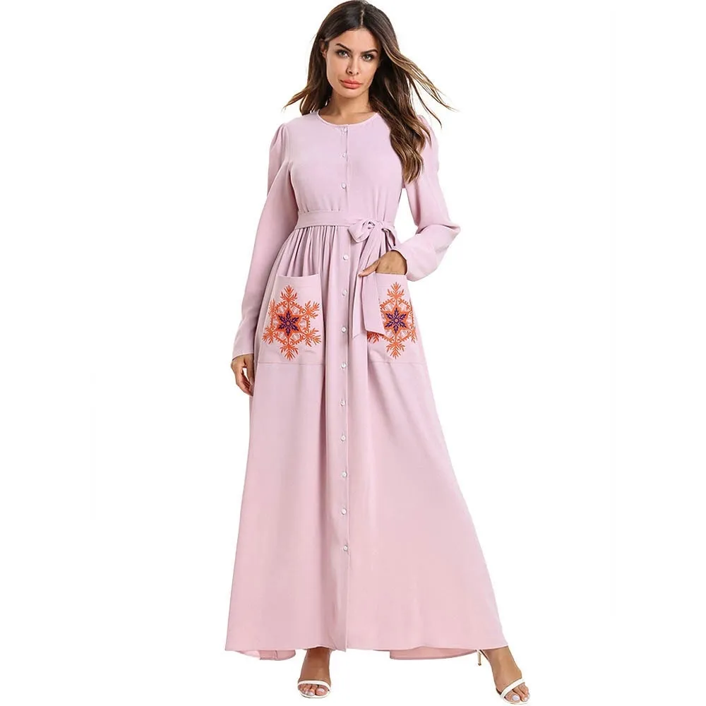 Váy Công Chúa Màu Hồng Thời Trang Với Váy Thêu Ren Đơn Ngực Phía Trước Pria Abaya