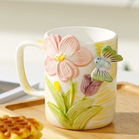 Haute qualité 3D papillon violet tulipe fleur conception porcelaine café thé tasse pour cadeaux décor à la maison