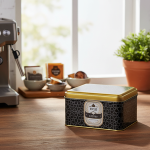 Kontensan ER026V2 2.2L Square Metal Storage <b>Box</b> 158x158x87mm Slip Lid Gold Geometric Pattern Food Office Storage Black - Product Image 3