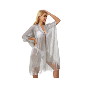 Kimono de playa Angelina plateado con flecos, cubrebañador de moda para mujer, transpirable, con manga murciélago, cuello en V, holgado, largo midi - Product Image 3