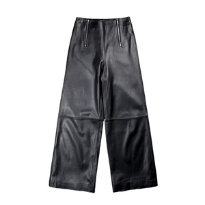 9601 l'alta qualità classica <span class=keywords><strong>donna</strong></span> <span class=keywords><strong>pantaloni</strong></span> larghi <span class=keywords><strong>neri</strong></span> in vera pelle di pecora <span class=keywords><strong>pantaloni</strong></span> di vera pelle per le donne - Product Image 1