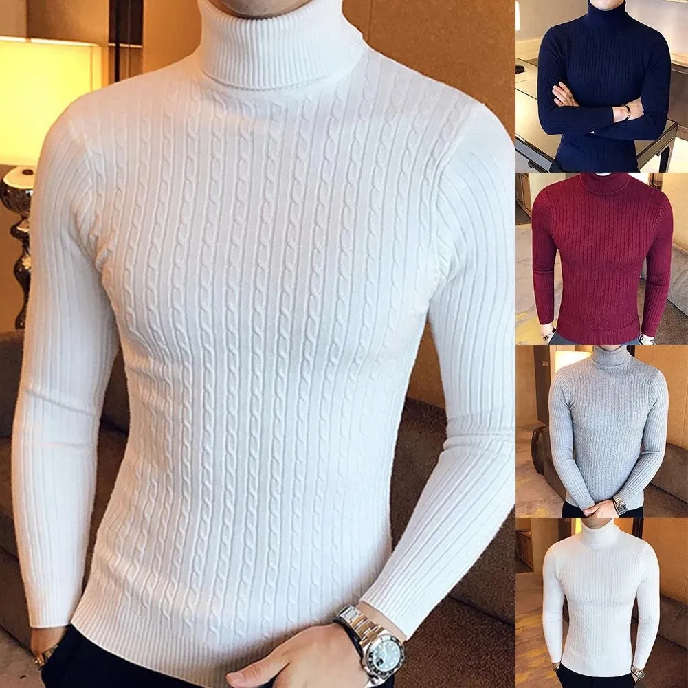 Casual men's winter pure color high collar long sleeve knitted slim fit sweater men's knitted sweater Pullover wholesale