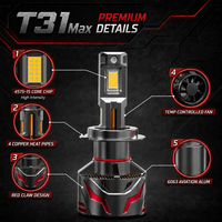 Phares de voiture LED T31Max en gros, 240W, 4 tubes en cuivre, blanc, H4 H7 H11 9012 H1 H3, étanches IP68, avec ventilateur turbo, pour voiture