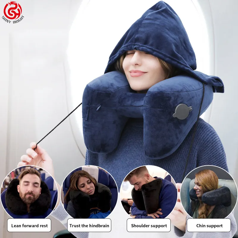 travel U-shaped inflatable pillow outdoor car long distance plane nap neck pillow with hood