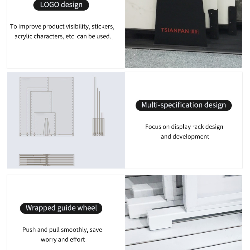 Tsianfan Custom Extendable Rail Displays Stand Tile Sample Rack Granite Display Showroom Marble Large Quartz Sliding Porcelain