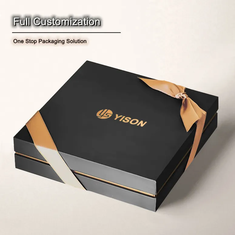 कस्टम लोगो लक्जरी कागज काले और सोने की पन्नी उपहार बॉक्स पैकेजिंग कठोर 2 दो टुकड़ा ढक्कन और नीचे उपहार पैकेजिंग बॉक्स के साथ रिबन