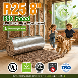 Rouleau de laine de verre écologique marron R25 ignifuge sans formaldéhyde USGBC USA avec revêtement FSK pour <span class=keywords><strong>isolation</strong></span> murale MBI, chambre, grenier, <span class=keywords><strong>appartement</strong></span> - Product Image 1
