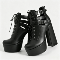Bottines à plateforme noires pour femmes, personnalisables, à lacets, style Goth Punk, à talons épais, avec boucles, chaussures Y2K