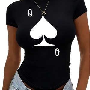 Camiseta de Mujer Casual con Logo OEM de Fábrica, Sexy, Estilo Pullover, Verano, Largo Medio, Cuello Redondo, Estampado de Ases de Picas, Manga Corta, Color Negro - Product Image 3