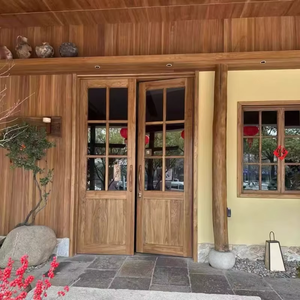 Porte Esterne in Legno Massello dal Design Moderno con <span class=keywords><strong>2</strong></span> Pannelli Laterali in Vetro, Porte Frontali a Doppia Anta in Legno per Case - Product Image 3