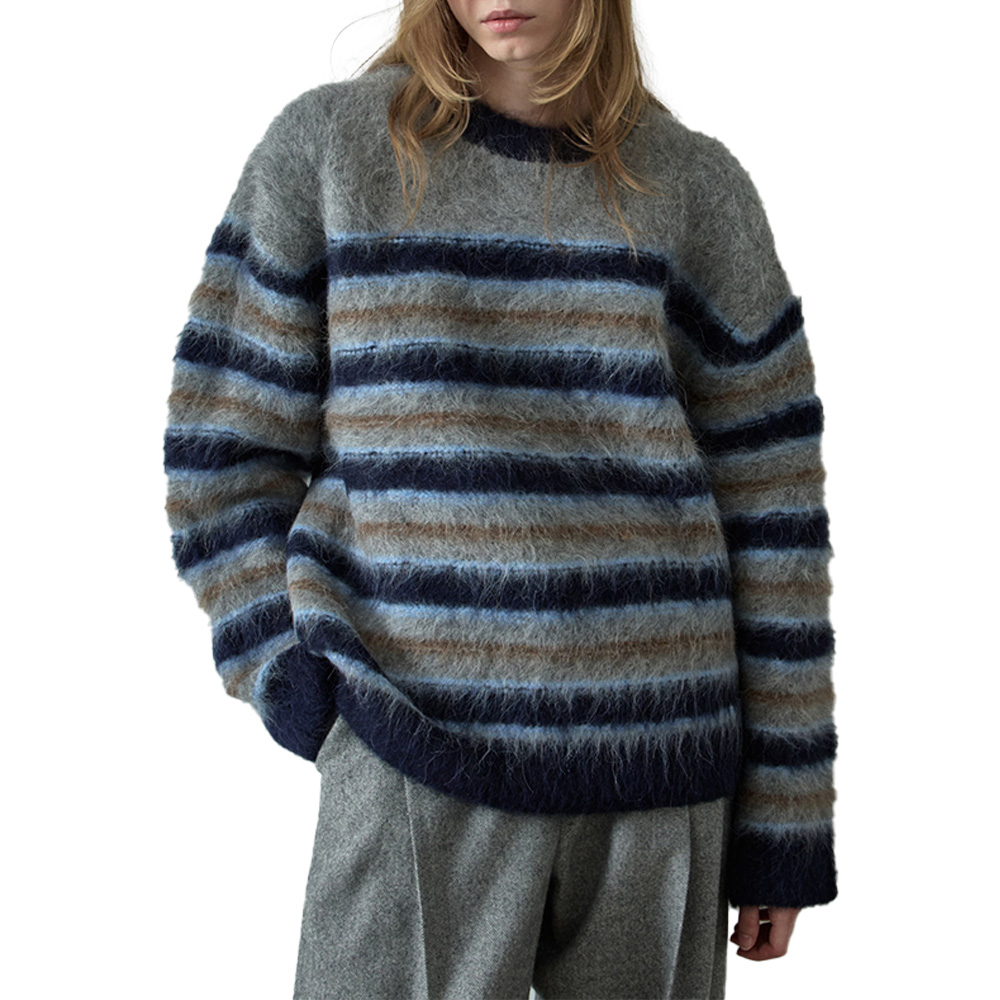 Wholesale Custom Women's Knit Sweater Cashmere Blend Crew Neck Striped Knit Pattern Retro Street Fashion Cozy Winter Outfits