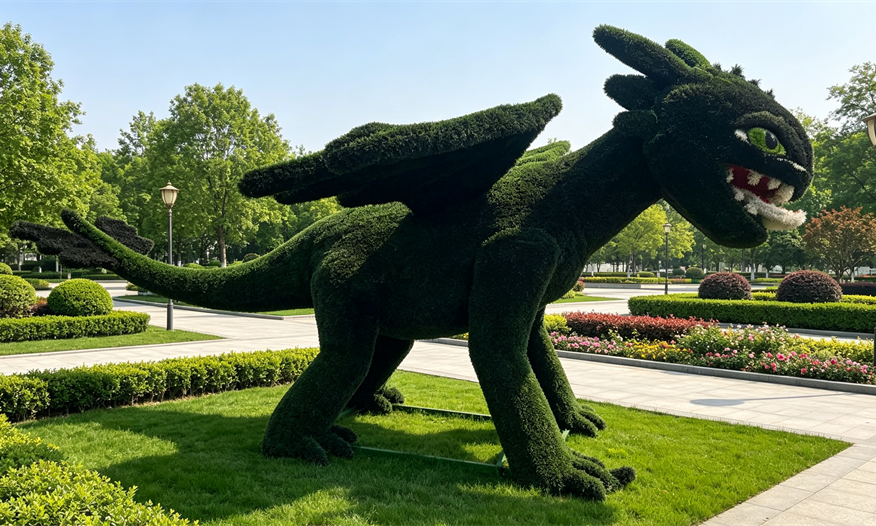 Topiaire en gazon synthétique, dragon de dessin animé vert foncé