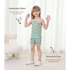 Toddler Girl Summer Outfit Sleeveless <b>Top</b> Shorts 2 Piece Set Green Checkered <b>Rose</b> Print Breathable Bamboo Cotton Clothing - Product Image 4