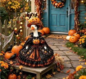 Statue de canard d'hiver pour porche, déguisée en roi citrouille d'Halloween, pour jardin extérieur, décoration de fête, design terrifiant - Product Image 4