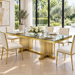 Mesa de Comedor de Acero Inoxidable Dorado Premium con Cristal Espejado y Base de Pedestal Lineal para Proyectos de Banquetes en Hoteles - Product Image 1