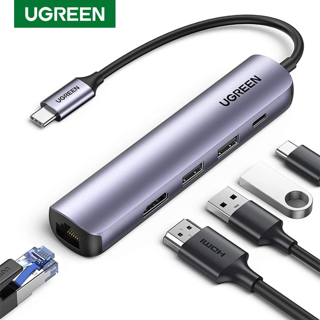 UGREEN USB C Hub 60Hz 5-in-1 Gigabit Ethernet Adapter with 4K HD-MI PD 100W Fast Charging and 2 USB 3.0 Type C Multiport Adapter