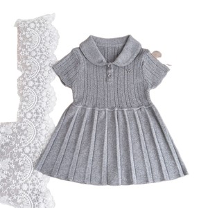 Vestidos <span class=keywords><strong>de</strong></span> Punto <span class=keywords><strong>para</strong></span> Bebés Niñas, Primavera-Verano, Estilo Colegial, Cuello Camisero, Algodón Crochet, Manga Corta, Plisados - Product Image 4
