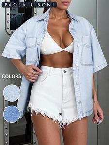 เสื้อเชิ้ตเดนิมทรงหลวมสำหรับผู้หญิง แบบลำลอง ติดกระดุม ชายโค้ง - Product Image 1