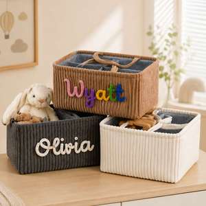 Cesta de Regalo para Bebé, Organizador de Pañales con Nombre Personalizado, Cesta de Almacenamiento para Guardería de Pana con Asas - Product Image 2