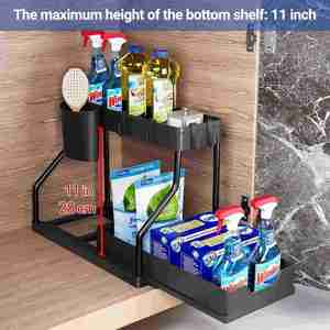 Organizador de Plástico para Debajo del Gabinete de Cocina o Baño, de 2 Niveles, Libre de BPA, con Ganchos y Portavasos/Portacuchillos - Product Image 4