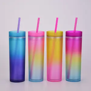 2024 vendite calde color arcobaleno doppio tazze da parete opache riutilizzabili skinny 473ml /16oz bicchiere di plastica con paglia
