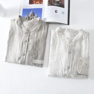 Kemeja Boho Kasual Pria desain baru 2024 kaus kain Linen polos kancing bawah lengan panjang bernapas pria