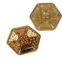 Boîte d'emballage pour noix hexagonales et fruits secs, boîte alimentaire en plastique PET recyclable, plateau alimentaire à 7 compartiments, boîte d'emballage dorée avec couvercle transparent