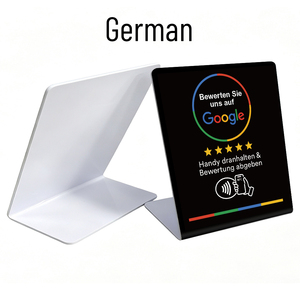 Support de table Google multilingue (espagnol, allemand, anglais) en PVC avec NFC pour avis Google, 13,56 MHz - Product Image 4