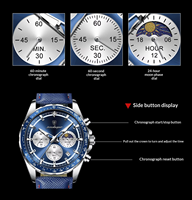 Montre à quartz pour homme POEDAGAR 879, sportive et luxueuse, cadran bleu, lunette tachymètre, bracelet en cuir, étanche, lumineuse, date, montre-bracelet