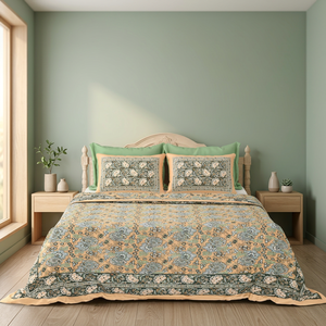 Parure de lit en coton imprimé style indien, taille King, motif floral blanc, avec taies d'oreiller, pour toutes les saisons, usage domestique - Product Image 1