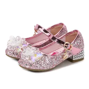 Туфли принцессы с блестками для девочек, вечерние туфли для торжества, свадьбы, цветочные туфли для девочек, подходящие к вечернему платью, детские туфли на высоком каблуке