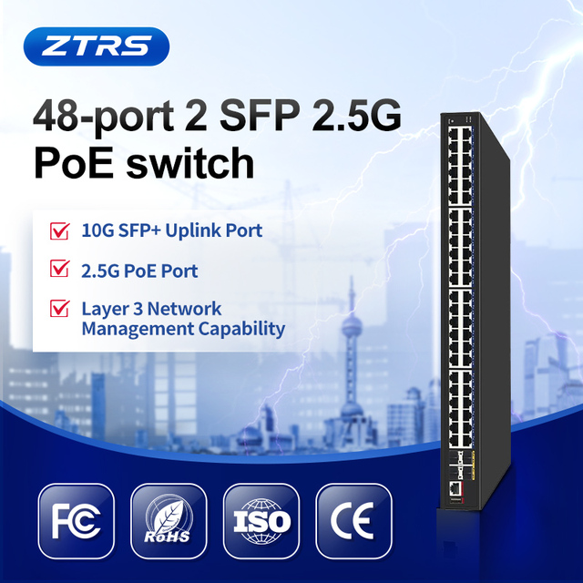48-port 2.5 Gigabit + 4 10 Gigabit SFP Large-scale L3 Managed Rack-mount PoE Switch, Supporting SNMP, QoS LACP