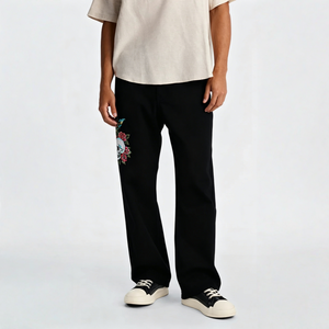 Pantalon en jean ample taille mi-haute brodé de fleurs rétro avec motifs crâne et rose, coupe large délavée pour le style Hip Hop Street - Product Image 1
