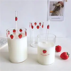 Ins Kawaii Style Mugs Strawberry Glasses Cup Coffee Milk Water Glass Cups with Straws Clear Cute Juice Gifts for Girl Lady