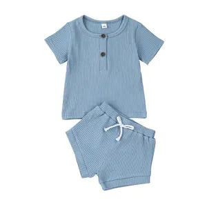 Setelan Pakaian Katun Anak-anak Laki-laki, Setelan Pakaian Musim Panas Anak, Kaus dan Celana Pendek Rib Henley, Katun Anak Laki-laki