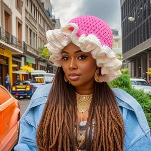 ファッション性 豊か な 個性的 な 手編み 帽子、マルチカラー フリルエッジ クロシェ ビーニー バケットハット レディース - Product Image 3