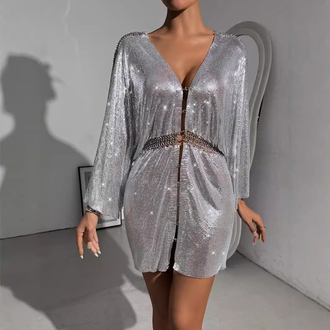 Customization Printing Design Women's Hot Long Dress AliExpress Hot Selling  Metal Sequin Hip V-neck Dress Women| Alibaba.com