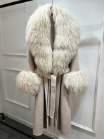 Manteau en cachemire et laine pour femme Janveny 2026, nouvelle collection hiver, avec col et poignets en fourrure de mouton de Mongolie véritable, ceinture, mélange de laine